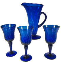 Cobalt Blue Pitcher 10.25&quot; Hand Made Glass + 3 Swirl Water Goblets 7.5&quot; Mexico - £45.99 GBP