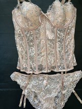 Victoria&#39;s Secret 36C/36D L Garter Corset Bustier Set Beige Silver Evening Blush - £88.77 GBP