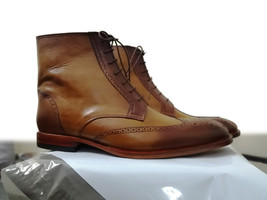 NEW Handmade Men&#39;s Brown Ankle High Lace Up boot, Mens Wing Tip Leather Fashion  - £123.04 GBP