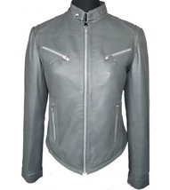 Made To Order Gray Leather Jacket With Tab Collar Front Zip Closure Women&#39;s - $137.19