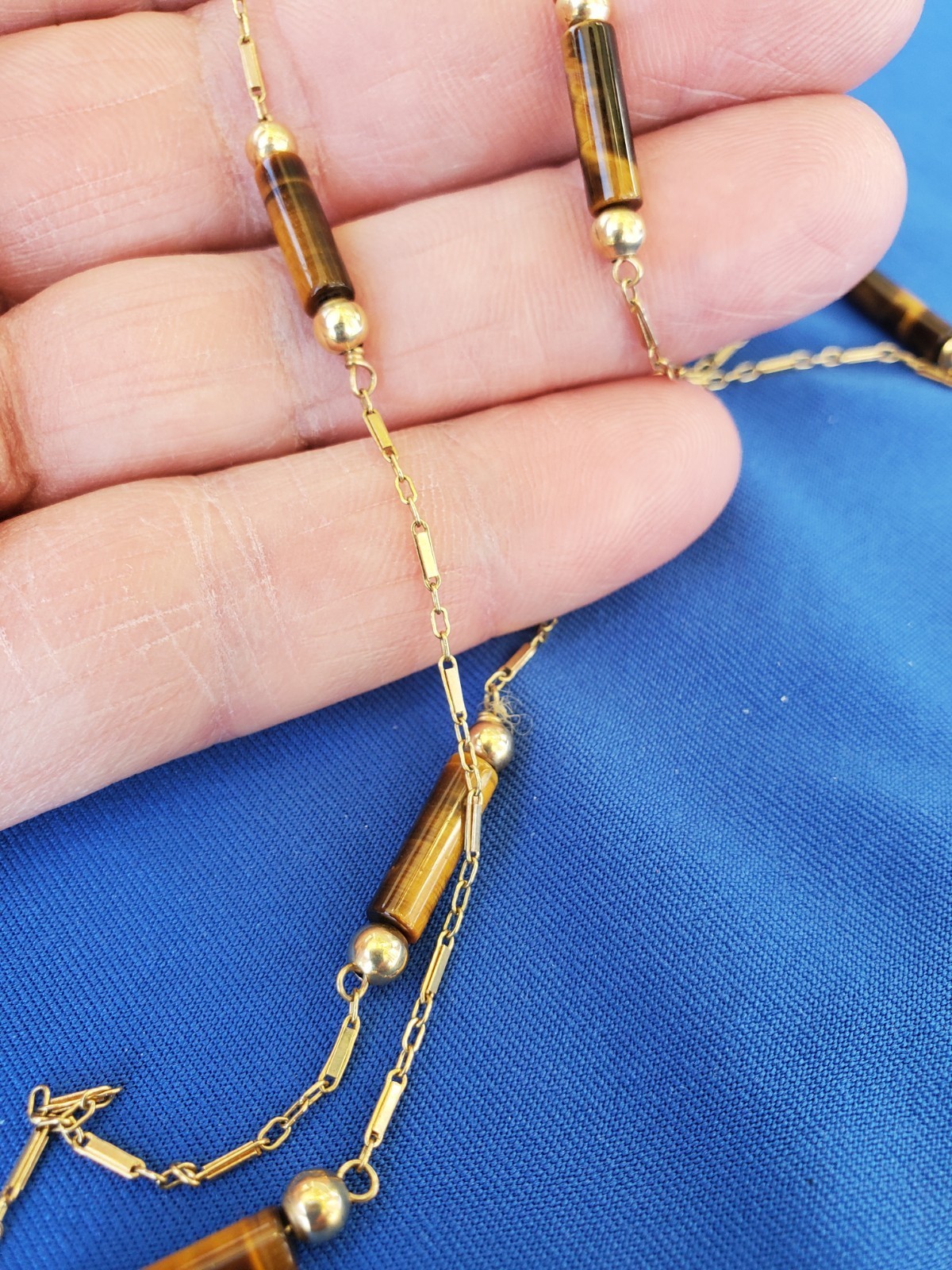 Vintage 14k Gold Art Deco Tiger eye Statement Necklace Unique Antique Chain 28" Item image 8