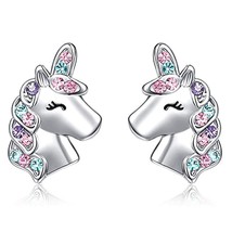 New Cute Unicorn Stud Earrings for Little Girl Kids Crystal Cat Butterfly Rainbo - £9.69 GBP