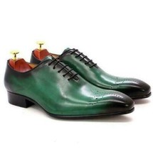 Bespoke Men&#39;s Handmade Green Color Genuine Leather Brogues Toe Lace Up Oxford Sh - £159.56 GBP