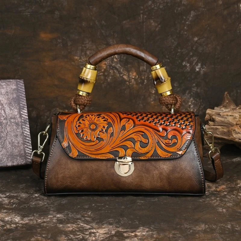   Vintage Women&#39;s Bag 2024 Trend Leather Handbag Carving Craft Ladies Shoulder B - £58.64 GBP