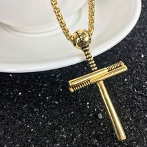Baseball Bat Cross Pendant Necklace Stainless Steel Design Necklace Gold Plated - £27.80 GBP