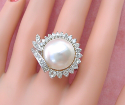 Vintage MID-CENTURY 1.2ctw Diamond Mabe Pearl Statement Cocktail Ring 1950 sz9.5 - £1,487.00 GBP