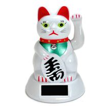 SOLAR POWER BECKONING CAT White Lucky Waving Kitty Maneki Neko Wealth Fo... - $6.95