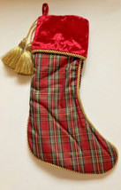 Christmas Plaid 20&quot; Stocking Gold Tassels Braid Velvet Top Satin Lined Green Red - £18.67 GBP
