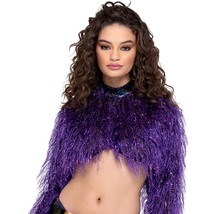 Faux Fur Crop Top Long Sleeves Tinsel Iridescent Neck Metallic Furry Purple 6250 - £41.12 GBP