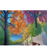 Painting Autumn Original Bob Ross Style Signed Art Fall Leaves Path Carl... - $39.76