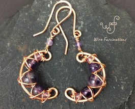 Handmade amethyst earrings: criss cross copper wire wrapped crescent moons - £23.98 GBP