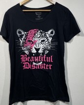 Beautiful Disaster Womens T-Shirt Cheetah Black Pink XL Fierce Fearless - £19.87 GBP