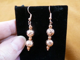 (EE700-2) 9mm crackly textured round Copper beaded dangle wire hook earrings - £12.64 GBP