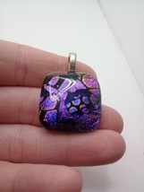 Vtg Fused Art Glass Necklace Pendant Dichroic 1in Square Glass Purple Pink Blue  - £11.19 GBP