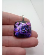 Vtg Fused Art Glass Necklace Pendant Dichroic 1in Square Glass Purple Pi... - $14.52