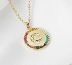 1.10Ct Multi Color Lab Created Diamond Letter &quot;C&quot; Pendant 14k Yellow Gold Plated - £110.33 GBP