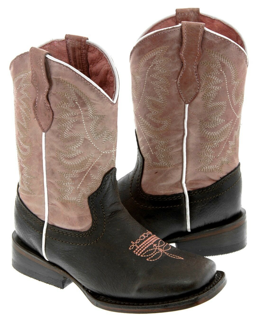 Primary image for Kids Girls Pink Dark Brown Plain Leather Western Cowgirl Boots Rodeo Square Toe