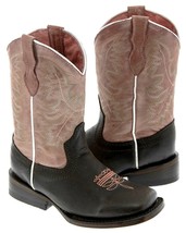 Kids Girls Pink Dark Brown Plain Leather Western Cowgirl Boots Rodeo Squ... - £41.27 GBP
