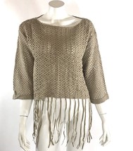 Umgee Sweater Taupe Tan Brown Fringe Bell Sleeve Mesh Open Knit Boho Festival - £10.62 GBP