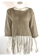 Umgee Sweater Taupe Tan Brown Fringe Bell Sleeve Mesh Open Knit Boho Fes... - £9.51 GBP