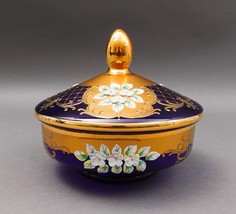 Egermann Czech Bohemian Cobalt Blue 24K Gold Enamel Lidded Bowl Dish Trinket Box - £477.87 GBP