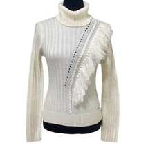 DKNY Ivory Boho Fringe Knit Ribbbed Turtleneck Sweater Top Size Small - £15.81 GBP