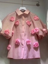 AELESEEN Fashion Runway 2022 Summer Casual Shirt Women Pink 3D Flowers Single Br - £117.75 GBP