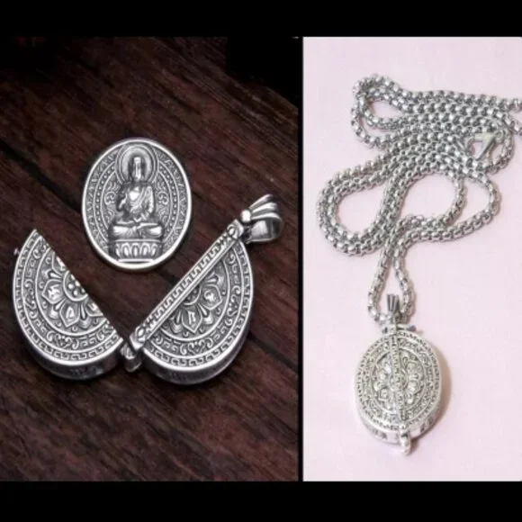 LORD BUDDHA COIN LOCKET PENDANT NECKLACE-Small 1" Silver Plated Amulet-FREESHIPP