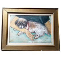Original Art Pastel Drawing Jack Russel Dog SIGNED 1950 Framed Picture &amp; Glass - £156.32 GBP