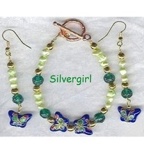 Butterfly Fresh Water Pearl Cloisonne Bracelet Earring Set - $21.99