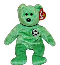 1999 “KICKS” LIME GREEN BEAR WITH TAGS EMBROIDERED SOCCER BALL 8.5” - £6.39 GBP