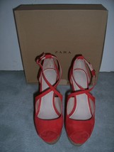 New in Box ZARA US 8 EU 39 Red Suede Platform Cork Wedge Strappy Sandals - £71.21 GBP