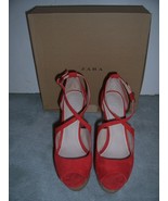 New in Box ZARA US 8 EU 39 Red Suede Platform Cork Wedge Strappy Sandals - £71.38 GBP