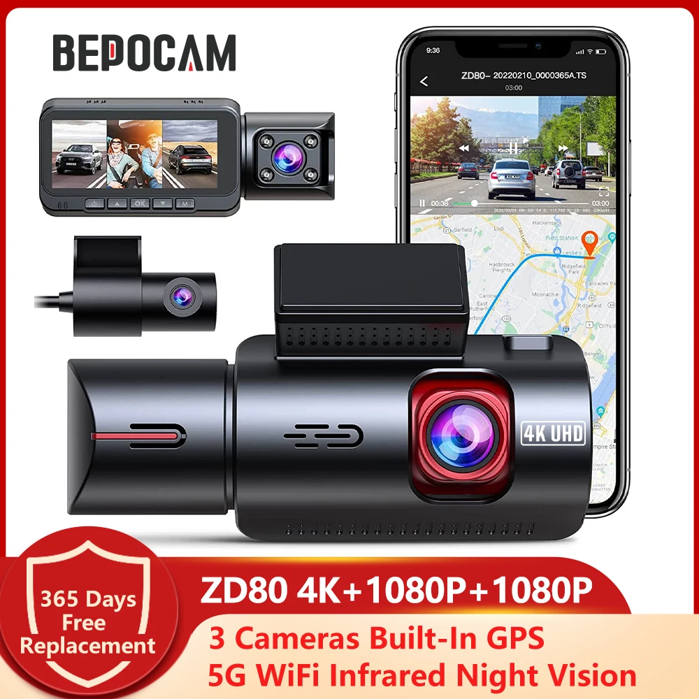 Bepocam ZD80 4K+1080P+1080P Dash Cam 3 Cameras Built-In Gps Tracker 5G Wi Fi - £164.31 GBP+