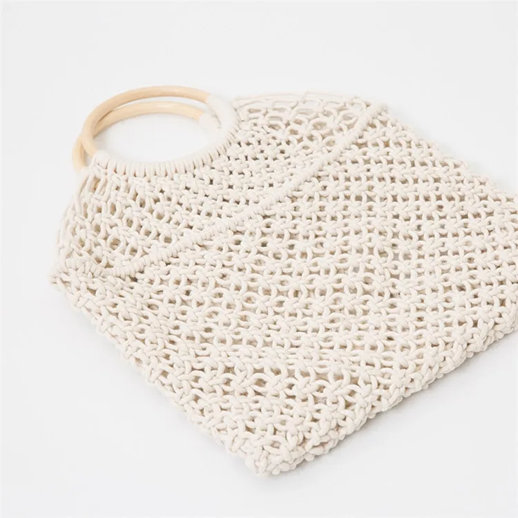 Popula Cotton Rope Hollow Straw Bag Sheer Macrame Tote wooden ring rattan handle - £22.95 GBP