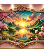 Luxury 5D Nature Artwork - Serene Sunset Over Lake with Cherry Blossoms - $5.87