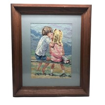 Sibling Secrets, Handcrafted Needlepoint of Boy and Girl on Bench - £63.54 GBP