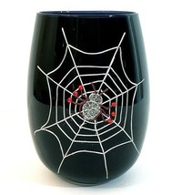 Halloween Black High Ball Glass Hand Painted Spider Web W/Stones 5&quot; x 2.5&quot; - $9.49