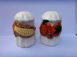 OLDER  SALT &amp; PEPPER SHAKERS SET   PUMPKIN CORN HARVEST FALL TIME THEME ... - £11.79 GBP