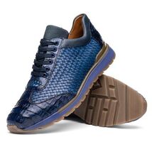 calfskin and genuine caiman crocodile fashion sneaker Shoes Roma Navy image 3