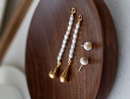 18K Gold Detachable Pearl Chain Stud Earrings - versatile, designer, trendy - £39.27 GBP