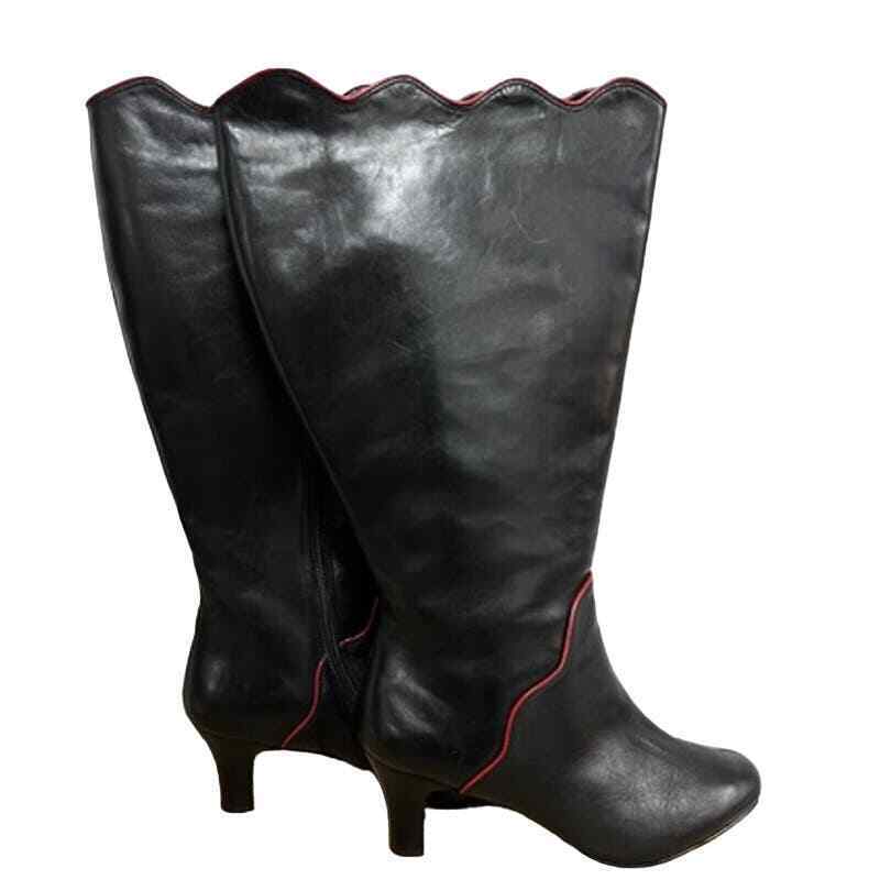Mob Wife VTG Ros Hommerson 80s Black Leather Boots Scallop Top Red Trim 8.5 Wide Item image 3