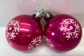 Vintage Lot of 2 Hot Pink Mercury Glass White Snowflake Design USA Ornaments - £27.68 GBP