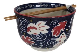 Feng Shui Zen Garden Pond Water Ripples Goldfish Ramen Soup Bowl With Chopsticks - £19.17 GBP