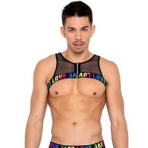 LOVE Print Fishnet Harness Zipper Rainbow Pride Elastic Strap Stretch Bl... - $31.44