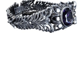 Art deco Sterling Sanborns Mexican Silver Amethyst openwork bracelet - $386.10