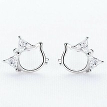 3.5mm Trillion Cut Simulated 925 Sterling Silver Lucky Cat Cute Stud Earrings - £36.56 GBP