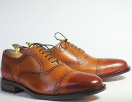 Handmade Men&#39;s Tan Cap Toe Brogue Leather Lace Up Shoes, Men Designer Shoes - £114.68 GBP