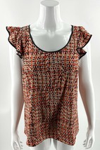 Ann Taylor Top Size 12 Red Black Tan Printed Flutter Sleeve Cutout Back ... - $13.86