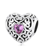 925 Sterling Silver Pink Zircon Love Heart Charm for Women Bracelet &amp; Ba... - £4.77 GBP